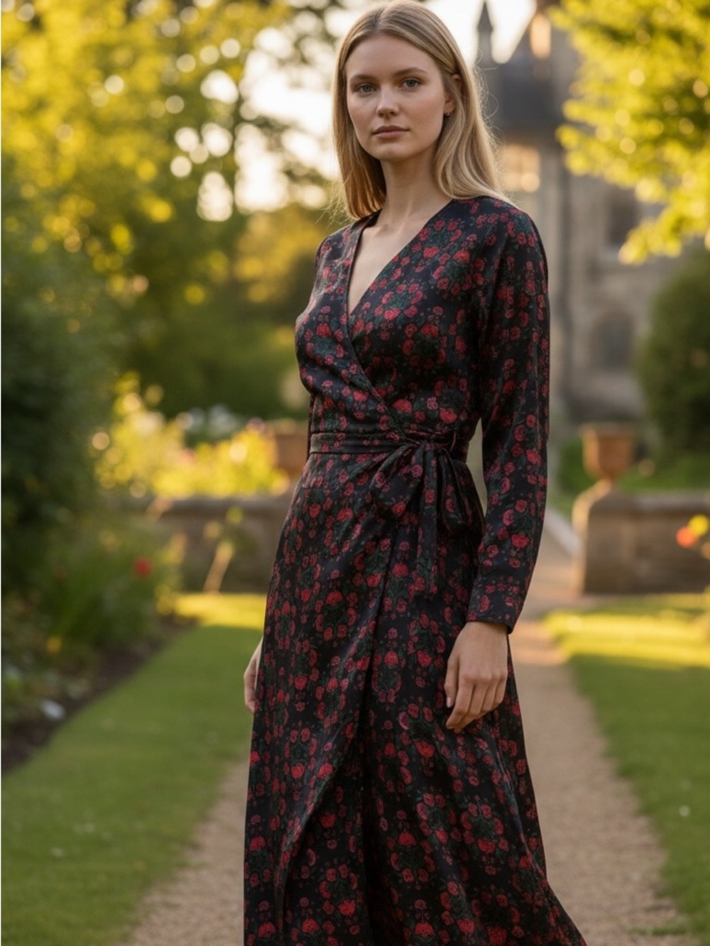 Long Sleeve Black Wrap Midi Dress with Red Floral Print